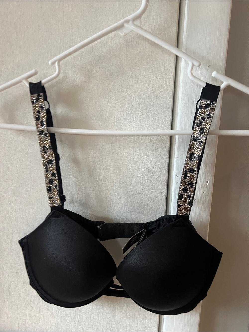 Victoria's Secret Black Bra with Embellished Leopard-Print Straps